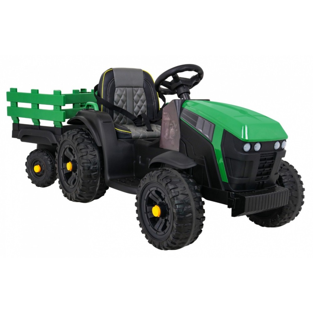 JOKO Elektrický Traktor s vlečkou, diaľkové ovládanie, penové kolesá, kožené sedadlo, Lopatka, zelený