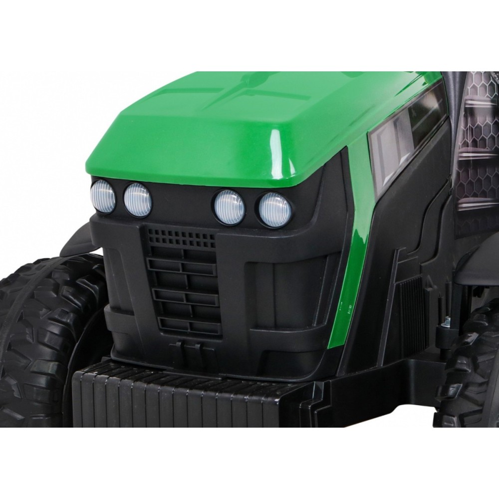 JOKO Elektrický Traktor s vlečkou, diaľkové ovládanie, penové kolesá, kožené sedadlo, Lopatka, zelený
