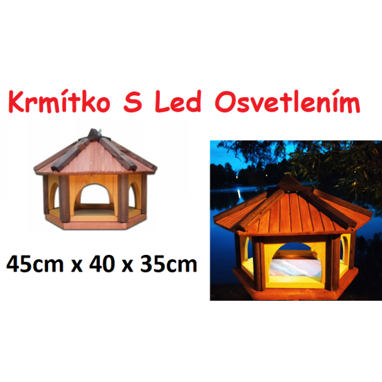 MKSTOR Drevené kŕmitko pre vtáky 45x40x35cm, vtáčia búdka, Braz + SOLÁRNE Led Svetlo