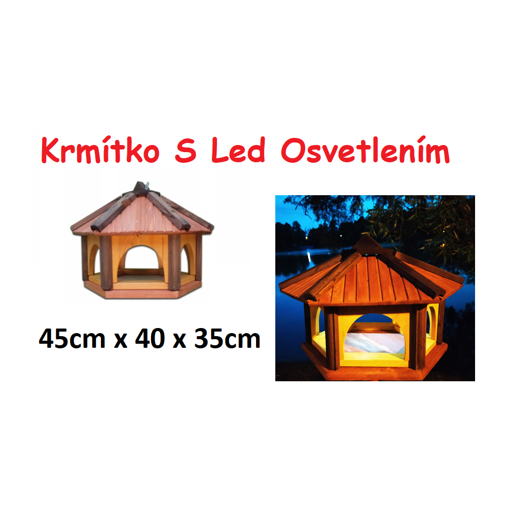 MKSTOR Drevené kŕmitko pre vtáky 45x40x35cm, vtáčia búdka, Braz + SOLÁRNE Led Svetlo