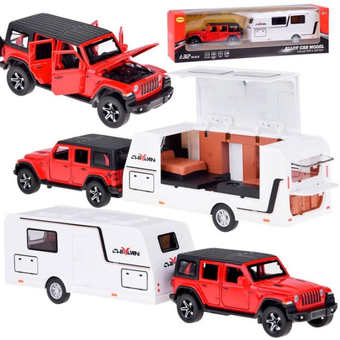 JOKO Kovové Auto Terénny Jeep Off-road s Karavanom + svetlo a zvuk, červené