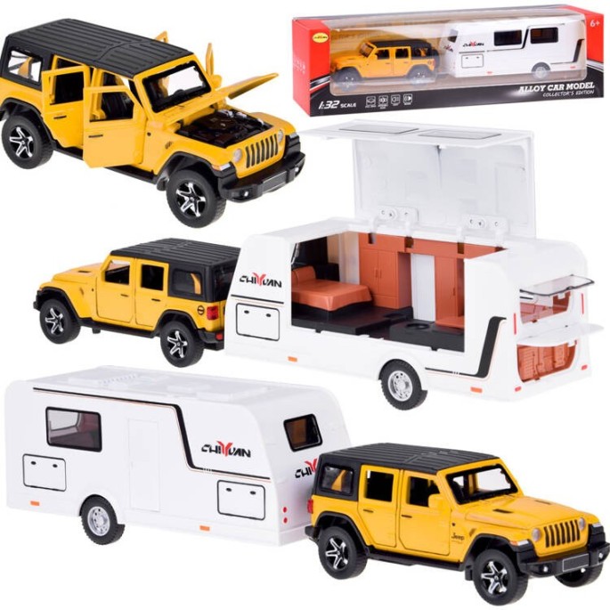 JOKO Kovové Auto Terénny Jeep Off-road s Karavanom + svetlo a zvuk, žlté