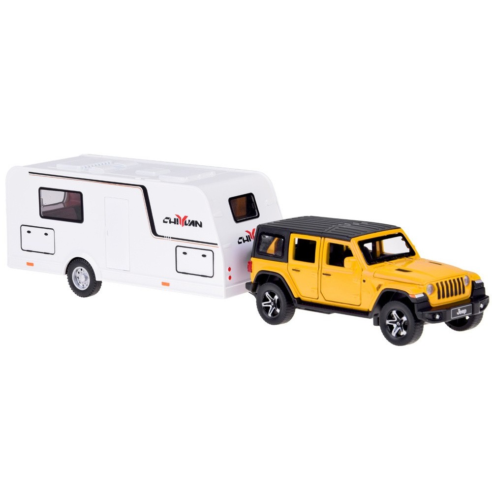 JOKO Kovové Auto Terénny Jeep Off-road s Karavanom + svetlo a zvuk, žlté