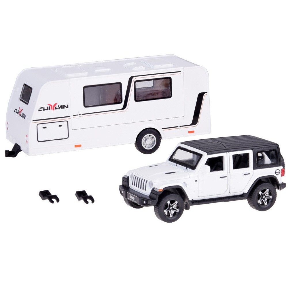 JOKO Kovové Auto Terénny Jeep Off-road s Karavanom + svetlo a zvuk, biele