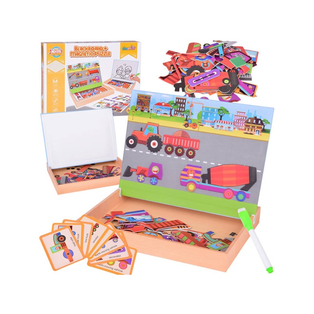 JOKO Detská Obojstranná Magnetická tabuľa 2v1, Magnetické Puzzle Autá a Fixa