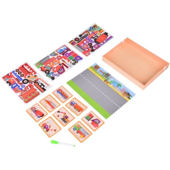 JOKO Detská Obojstranná Magnetická tabuľa 2v1, Magnetické Puzzle Autá a Fixa