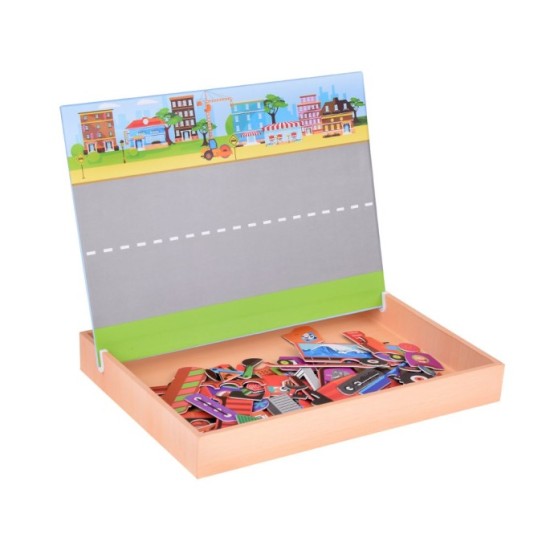 JOKO Detská Obojstranná Magnetická tabuľa 2v1, Magnetické Puzzle Autá a Fixa