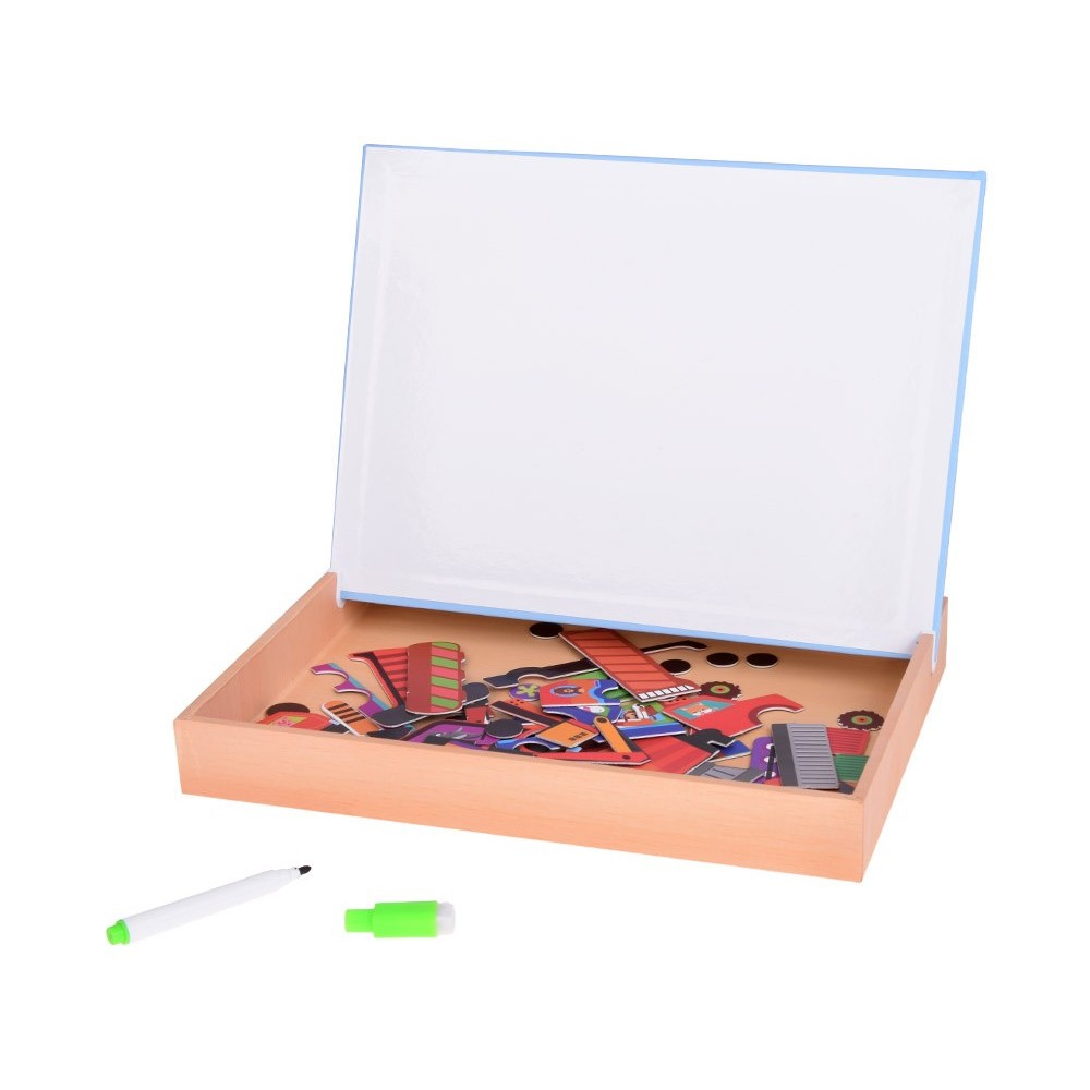 JOKO Detská Obojstranná Magnetická tabuľa 2v1, Magnetické Puzzle Autá a Fixa