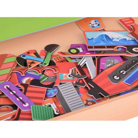JOKO Detská Obojstranná Magnetická tabuľa 2v1, Magnetické Puzzle Autá a Fixa