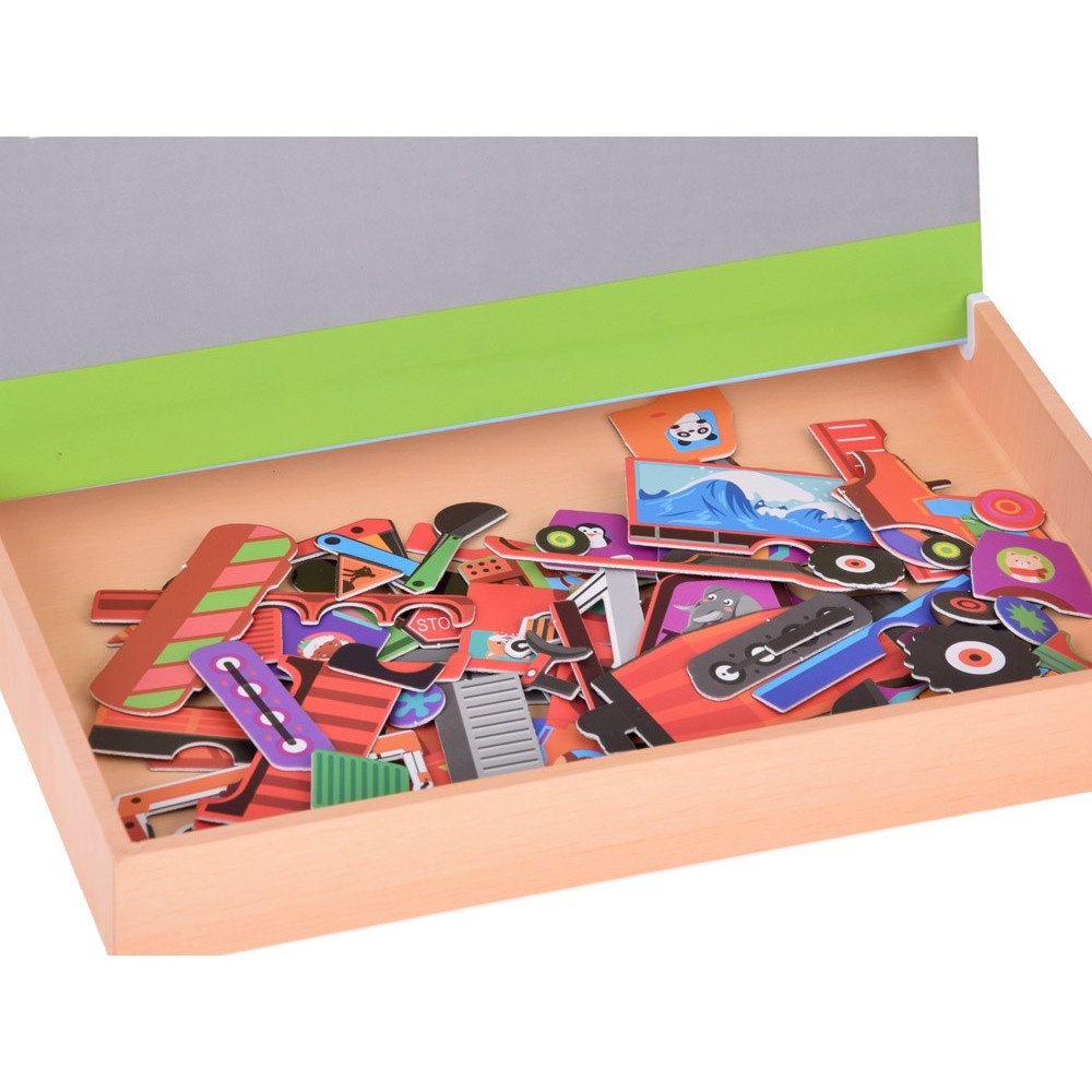 JOKO Detská Obojstranná Magnetická tabuľa 2v1, Magnetické Puzzle Autá a Fixa