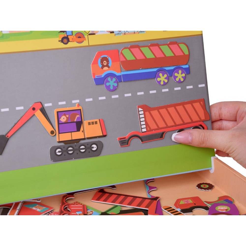 JOKO Detská Obojstranná Magnetická tabuľa 2v1, Magnetické Puzzle Autá a Fixa