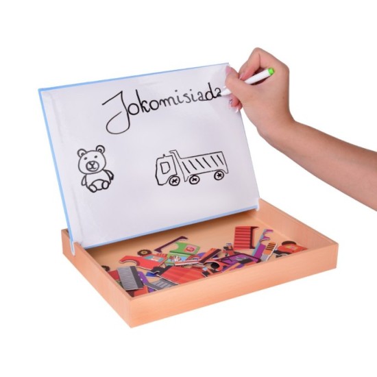 JOKO Detská Obojstranná Magnetická tabuľa 2v1, Magnetické Puzzle Autá a Fixa