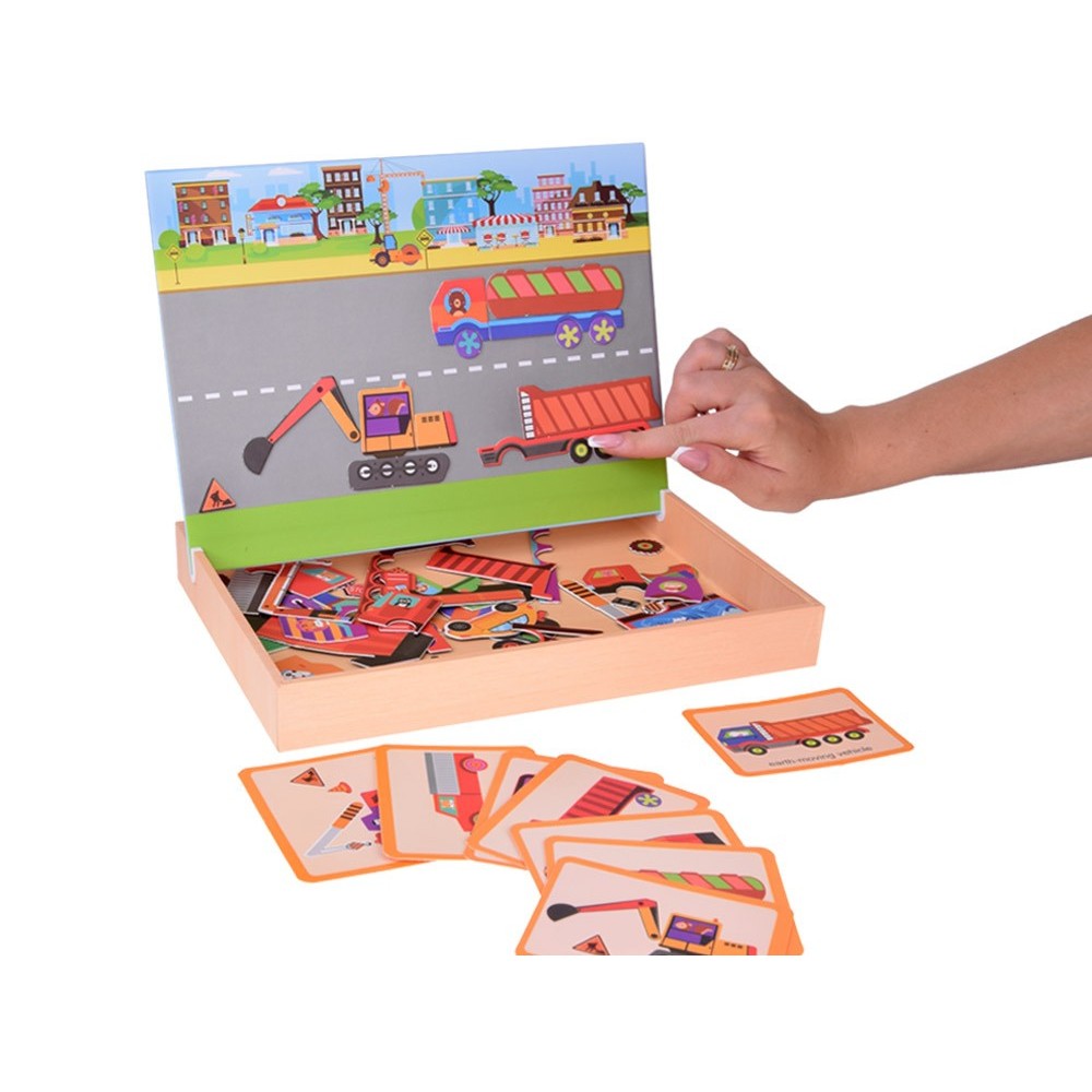 JOKO Detská Obojstranná Magnetická tabuľa 2v1, Magnetické Puzzle Autá a Fixa