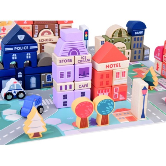 JOKO Sada Drevených Kociek Mesto 115ks + Puzzle Podložka