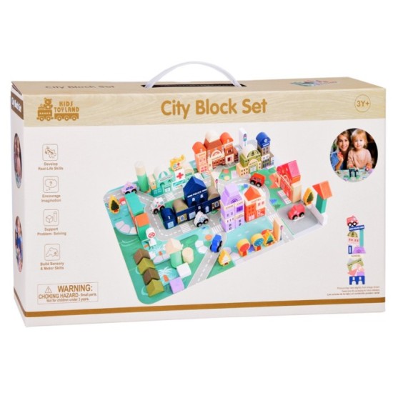 JOKO Sada Drevených Kociek Mesto 115ks + Puzzle Podložka