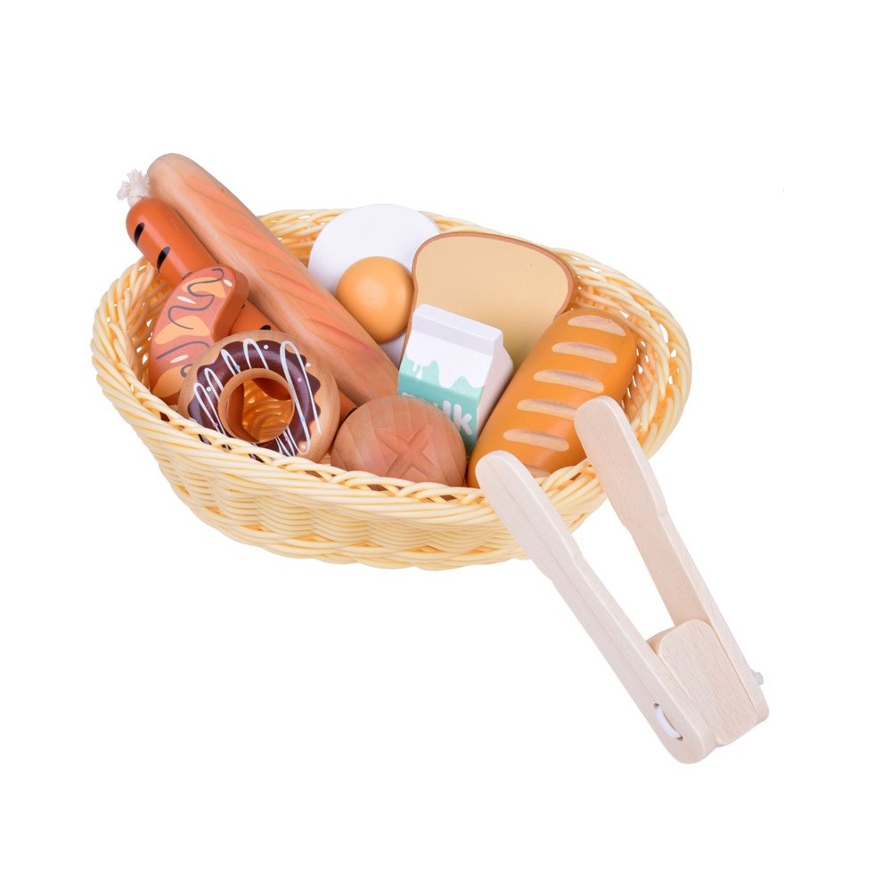 JOKO Sada Drevené Potraviny, Jedlo, Košík s Raňajkami, drevená bageta, párky, vajíčko11ks