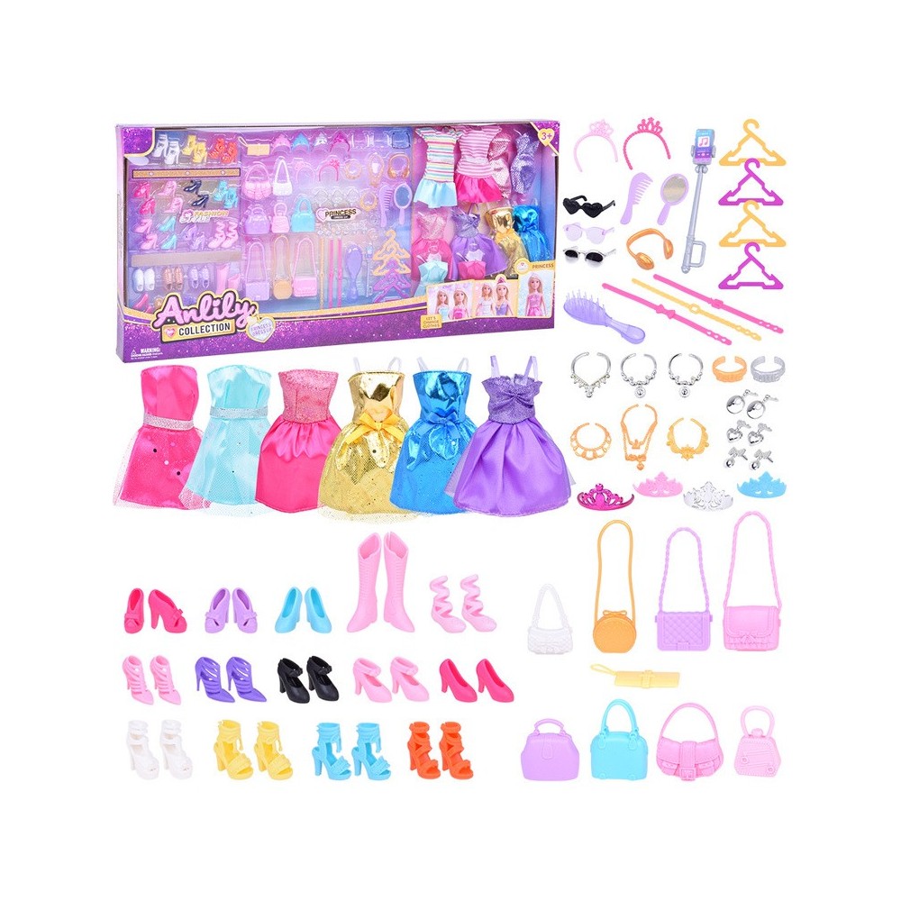 Anlily Veľká Sada Oblečenia pre bábiku Barbie + topánky, korunky, náhrdelníky, kabelky