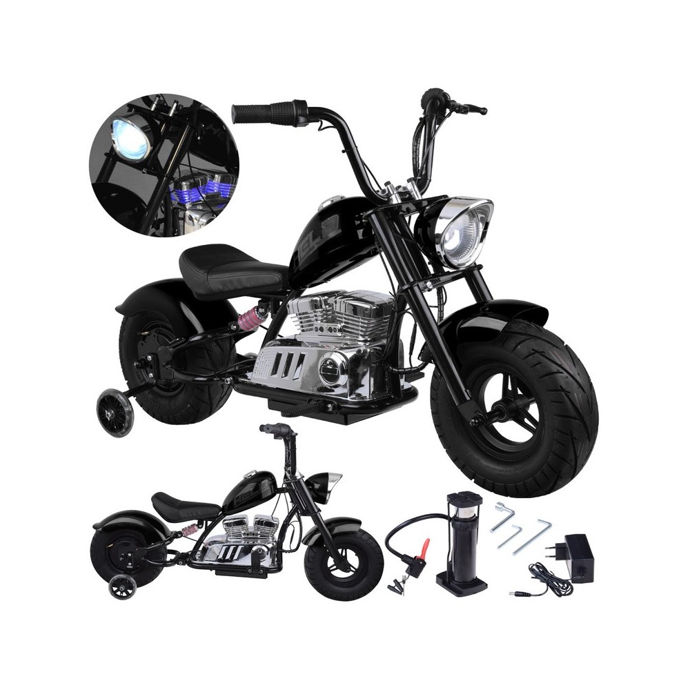JOKO Elektrická Motorka Chopper 24V, nosnosť 80kg, rýchlosť 20km/h, nafukovacie kolesá, kožené sedadlo, čierna