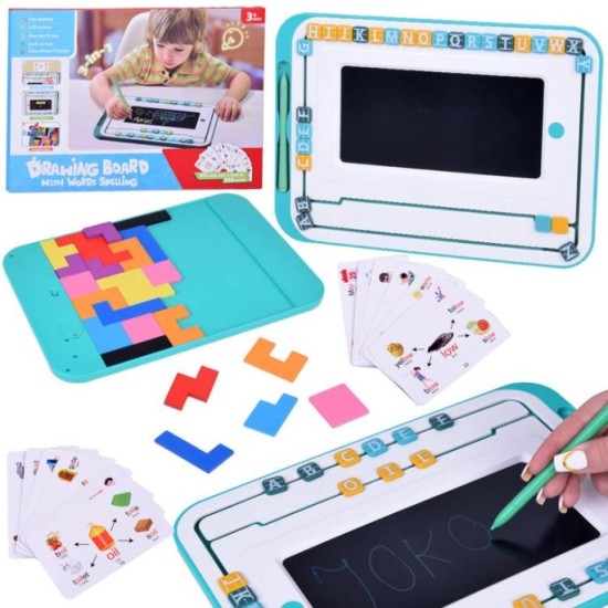 JOKO Vzdelávacia Sada 3v1, detský LCD Tablet na kreslenie + karty pre UČENIE Anglického jazyka + Drevené kocky TETRIS