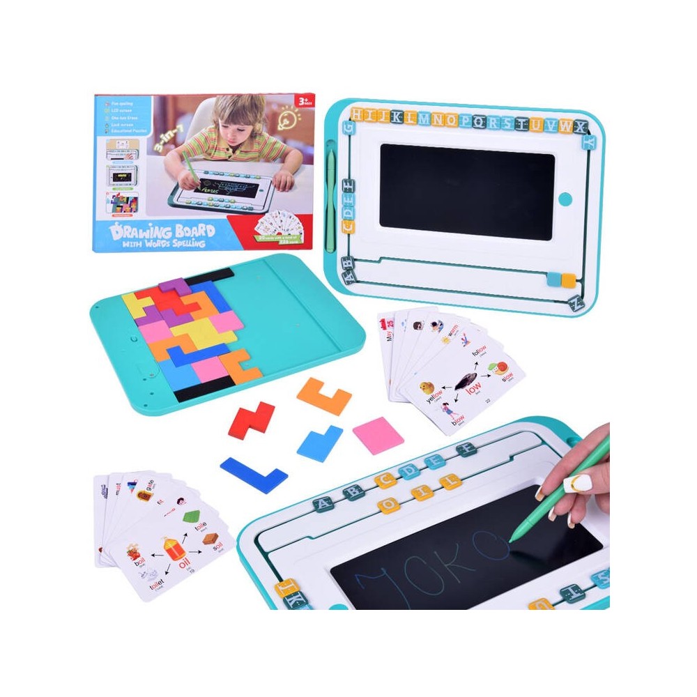 JOKO Vzdelávacia Sada 3v1, detský LCD Tablet na kreslenie + karty pre UČENIE Anglického jazyka + Drevené kocky TETRIS
