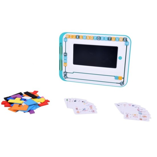 JOKO Vzdelávacia Sada 3v1, detský LCD Tablet na kreslenie + karty pre UČENIE Anglického jazyka + Drevené kocky TETRIS