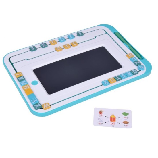 JOKO Vzdelávacia Sada 3v1, detský LCD Tablet na kreslenie + karty pre UČENIE Anglického jazyka + Drevené kocky TETRIS