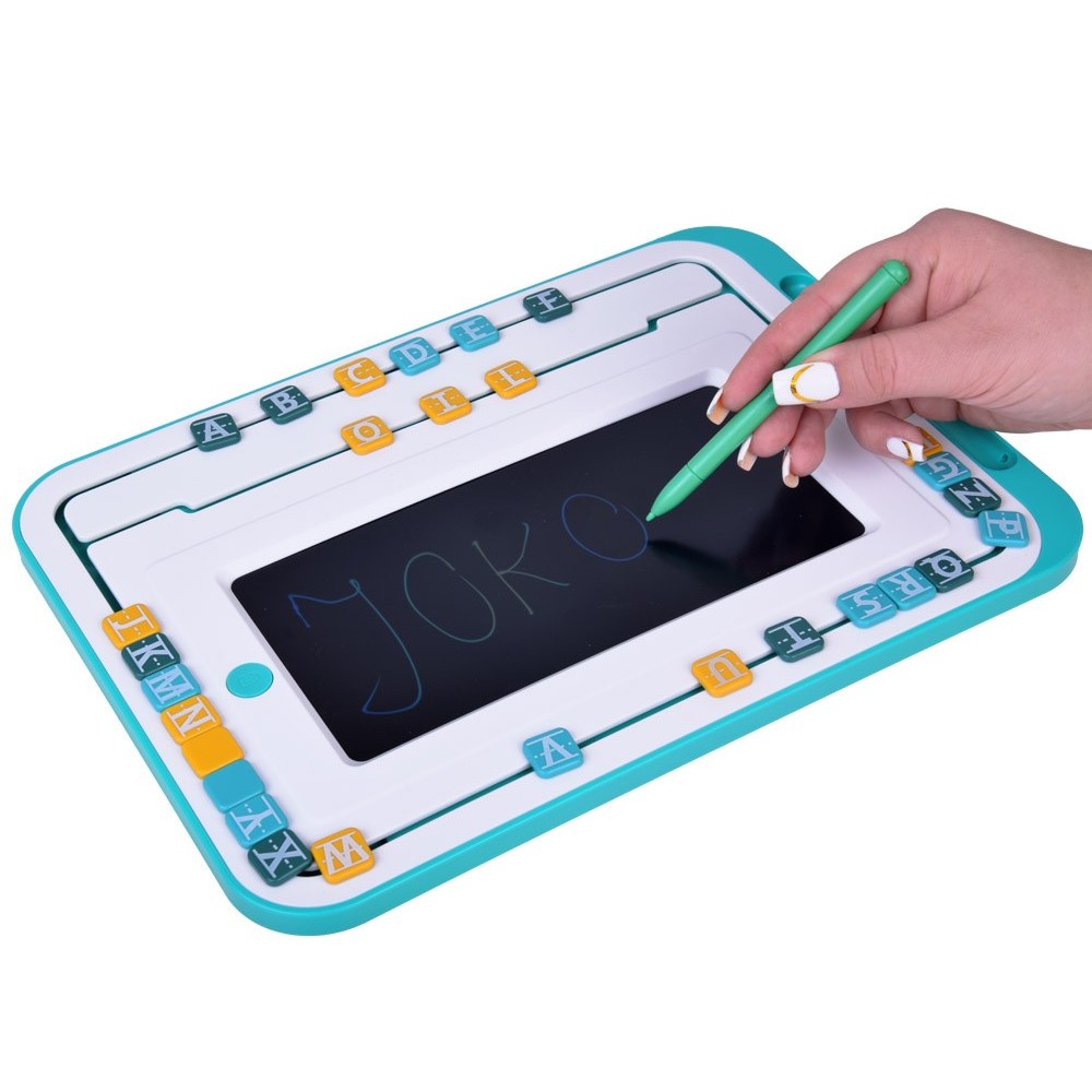 JOKO Vzdelávacia Sada 3v1, detský LCD Tablet na kreslenie + karty pre UČENIE Anglického jazyka + Drevené kocky TETRIS