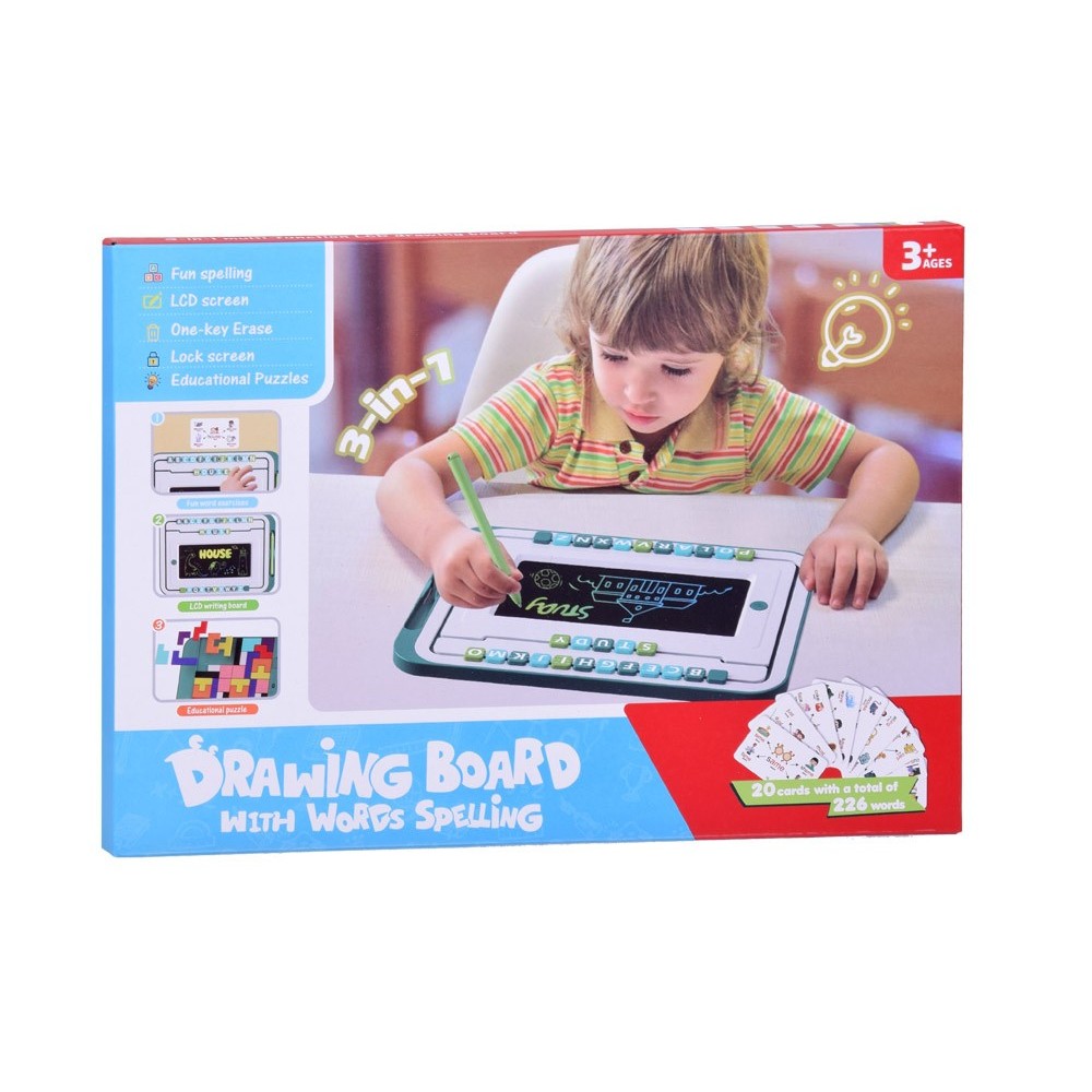 JOKO Vzdelávacia Sada 3v1, detský LCD Tablet na kreslenie + karty pre UČENIE Anglického jazyka + Drevené kocky TETRIS