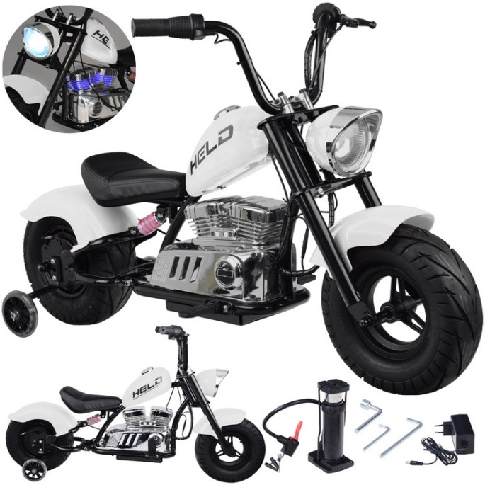 JOKO Elektrická Motorka Chopper 24V, nosnosť 80kg, rýchlosť 20km/h, nafukovacie kolesá, kožené sedadlo, biela