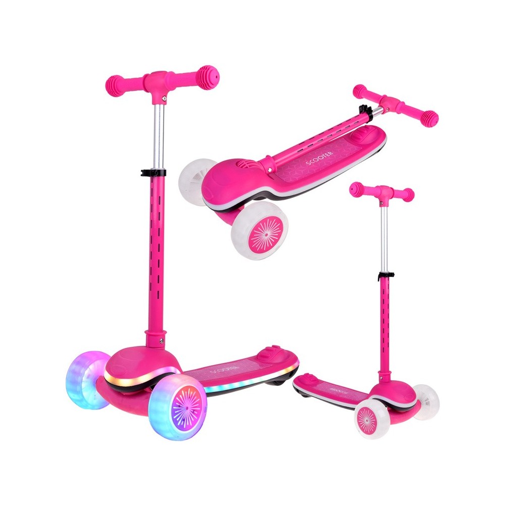 JOKO Skladacia Detská kolobežka SCOOTER s LED svetlom a Zvukom - 20 režimov svietenia a 4 hudobné režimy, nosnsoť 30kg, ružová