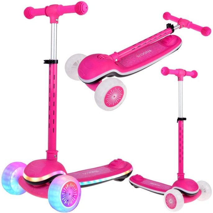 JOKO Skladacia Detská kolobežka SCOOTER s LED svetlom a Zvukom - 20 režimov svietenia a 4 hudobné režimy, nosnsoť 30kg, ružová