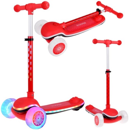 JOKO Skladacia Detská kolobežka SCOOTER s LED svetlom a Zvukom - 20 režimov svietenia a 4 hudobné režimy, nosnsoť 30kg, červená