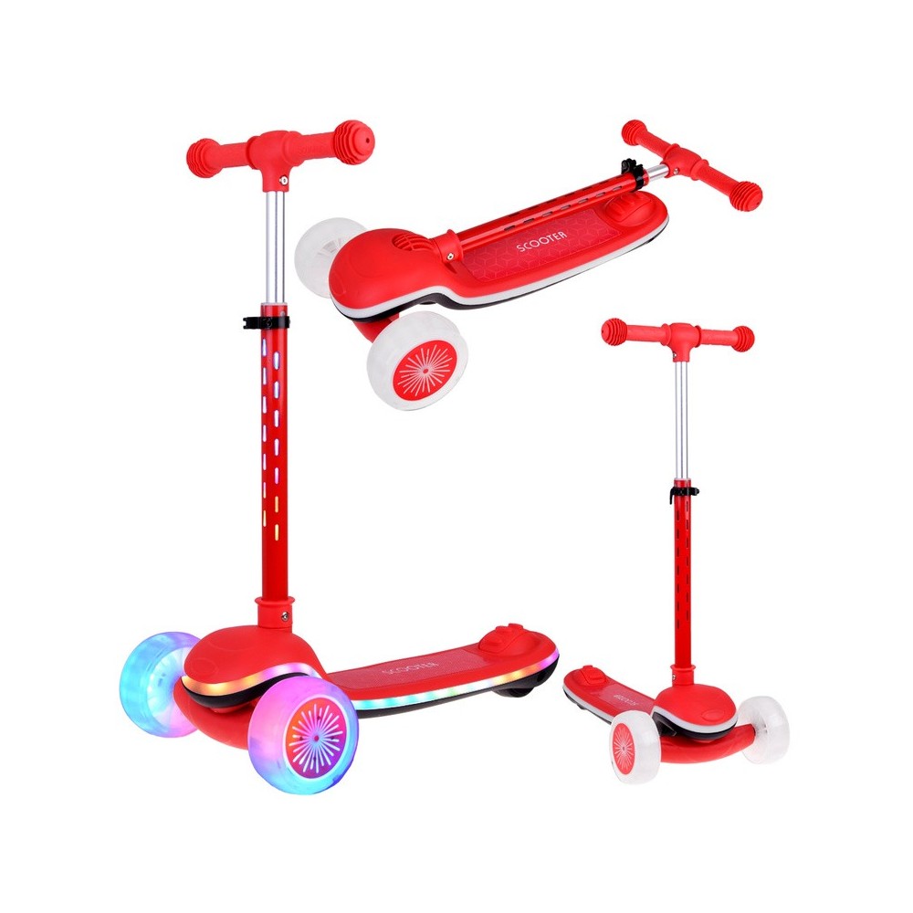 JOKO Skladacia Detská kolobežka SCOOTER s LED svetlom a Zvukom - 20 režimov svietenia a 4 hudobné režimy, nosnsoť 30kg, červená