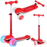 JOKO Skladacia Detská kolobežka SCOOTER s LED svetlom a Zvukom - 20 režimov svietenia a 4 hudobné režimy, nosnsoť 30kg, červená