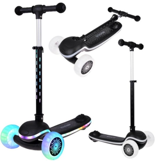 JOKO Skladacia Detská kolobežka SCOOTER s LED svetlom a Zvukom - 20 režimov svietenia a 4 hudobné režimy, nosnsoť 30kg, čierna