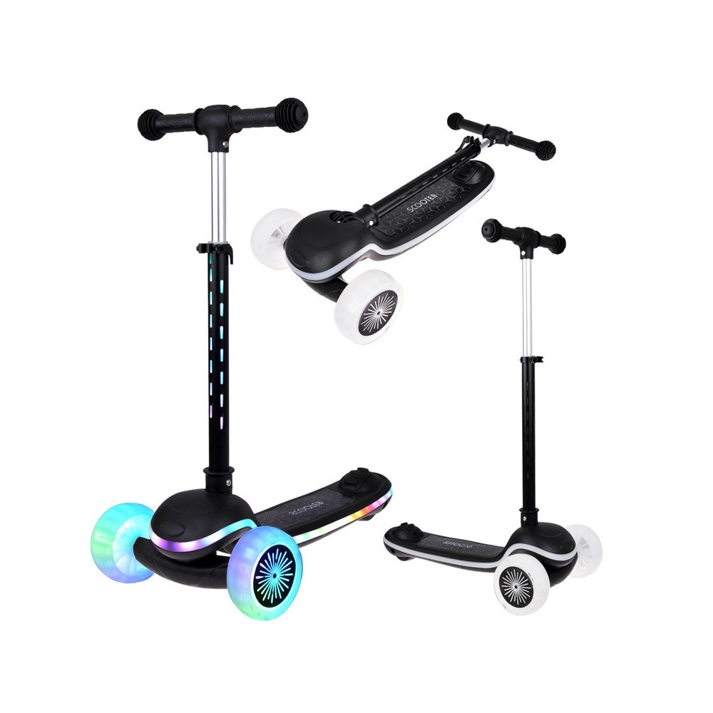 JOKO Skladacia Detská kolobežka SCOOTER s LED svetlom a Zvukom - 20 režimov svietenia a 4 hudobné režimy, nosnsoť 30kg, čierna