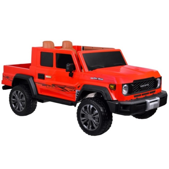 JOKO Veľké Elektrické autíčko Pick Up 4x4 4x100W 24V pre 2 deti, kožené dvojmiestne sedadlo, penové kolesá, brzdový pedál, červe