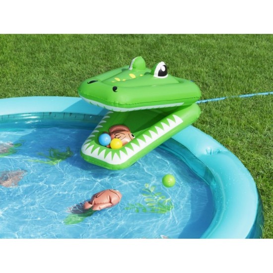 Bestway Detský Nafukovací bazén Krokodíl so šmýkačkou, fontánou a loptičkami 224 cm x 181 cm + rybárska sieť