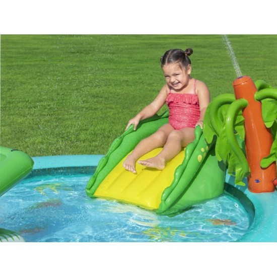 Bestway Detský Nafukovací bazén Krokodíl so šmýkačkou, fontánou a loptičkami 224 cm x 181 cm + rybárska sieť