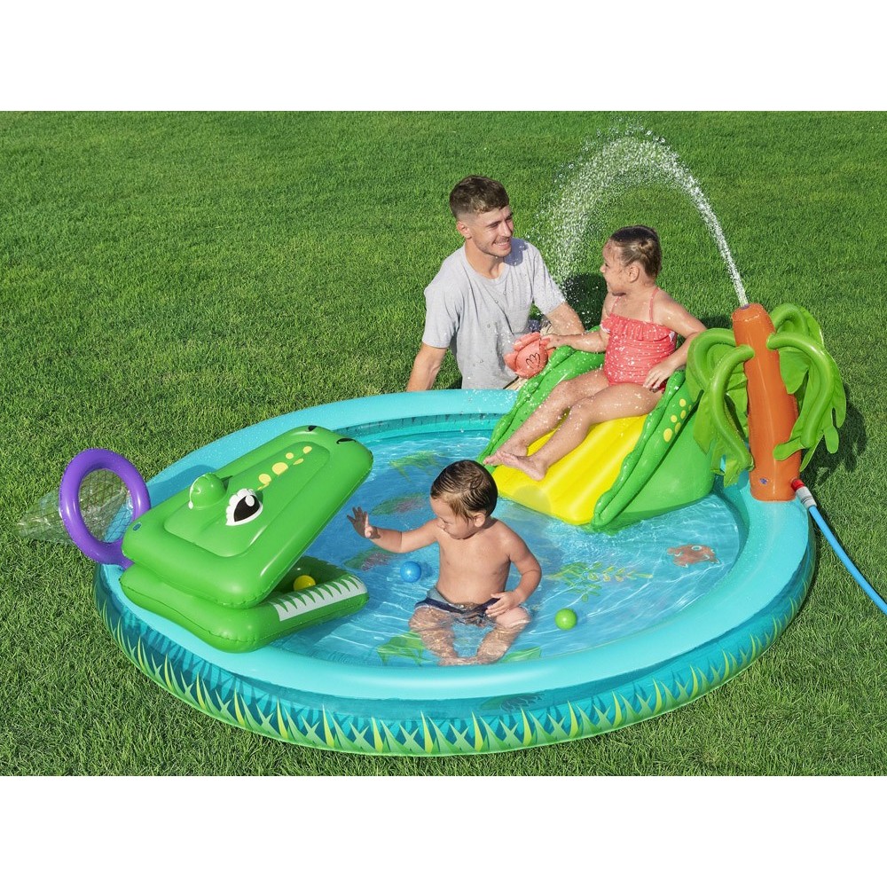 Bestway Detský Nafukovací bazén Krokodíl so šmýkačkou, fontánou a loptičkami 224 cm x 181 cm + rybárska sieť