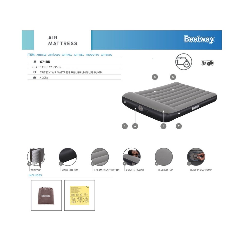 Bestway 671BR Nafukovací matrac Tritech pre 2 osoby + vstavaná USB pumpa