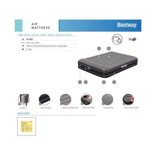 Bestway 671BU Nafukovací matrac Bestway Tritech so vstavanou USB pumpou 152x203cm