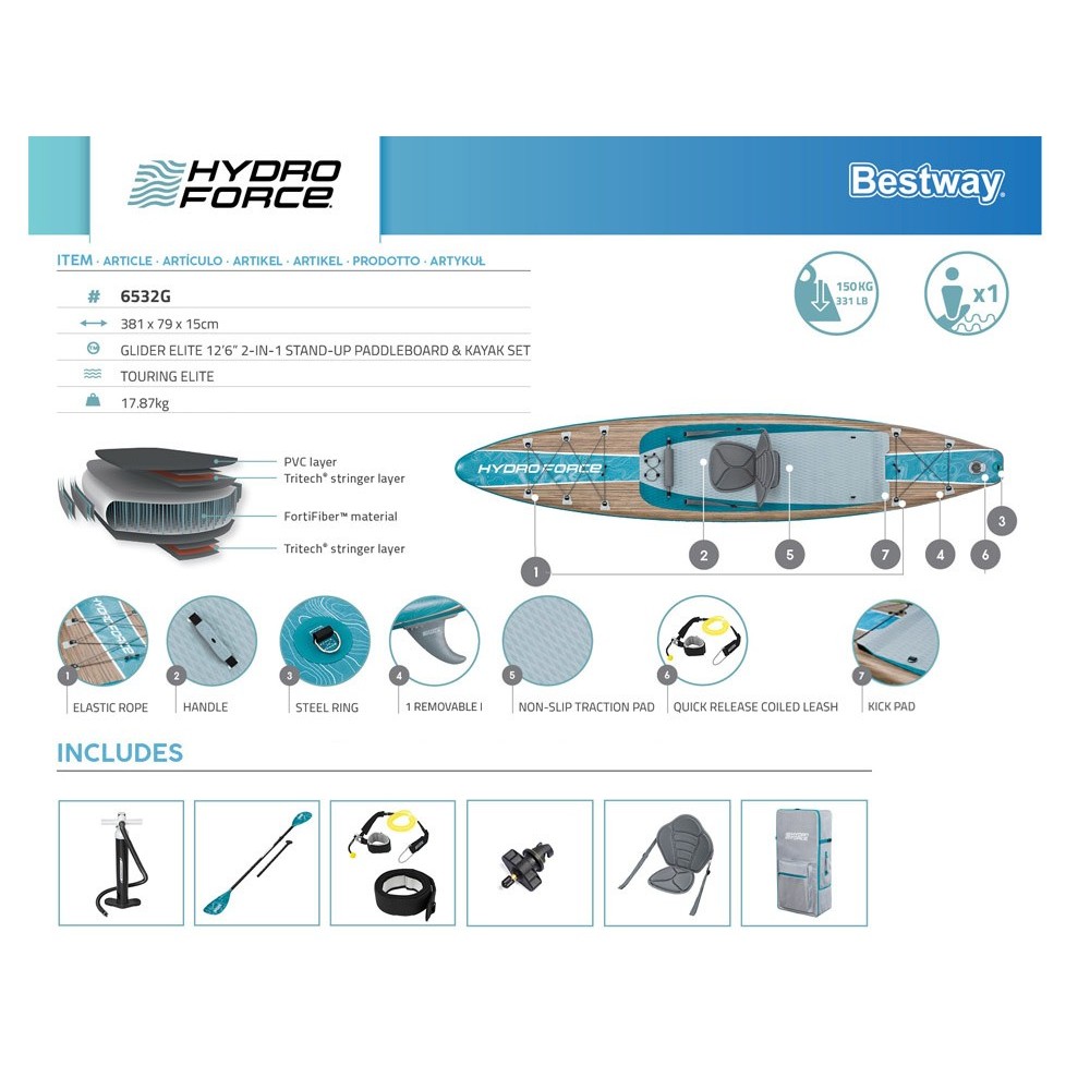 Bestway 65350 Nafukovacia doska Stand up Paddleboard Hydro Force® Glider Elite 2v1 381cm + veslo + sedadlo + taška