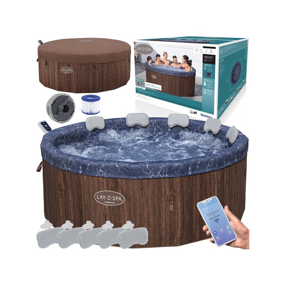 Bestway 6001W Vírívka Lay-Z-Spa Toronto Hydromassage AirJet Jacuzzi, pre 7 osôb, priemer 190cm + WIFI Aplikácia + 5 Vankúše