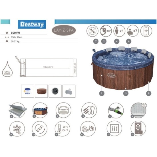 Bestway 6001W Vírívka Lay-Z-Spa Toronto Hydromassage AirJet Jacuzzi, pre 7 osôb, priemer 190cm + WIFI Aplikácia + 5 Vankúše