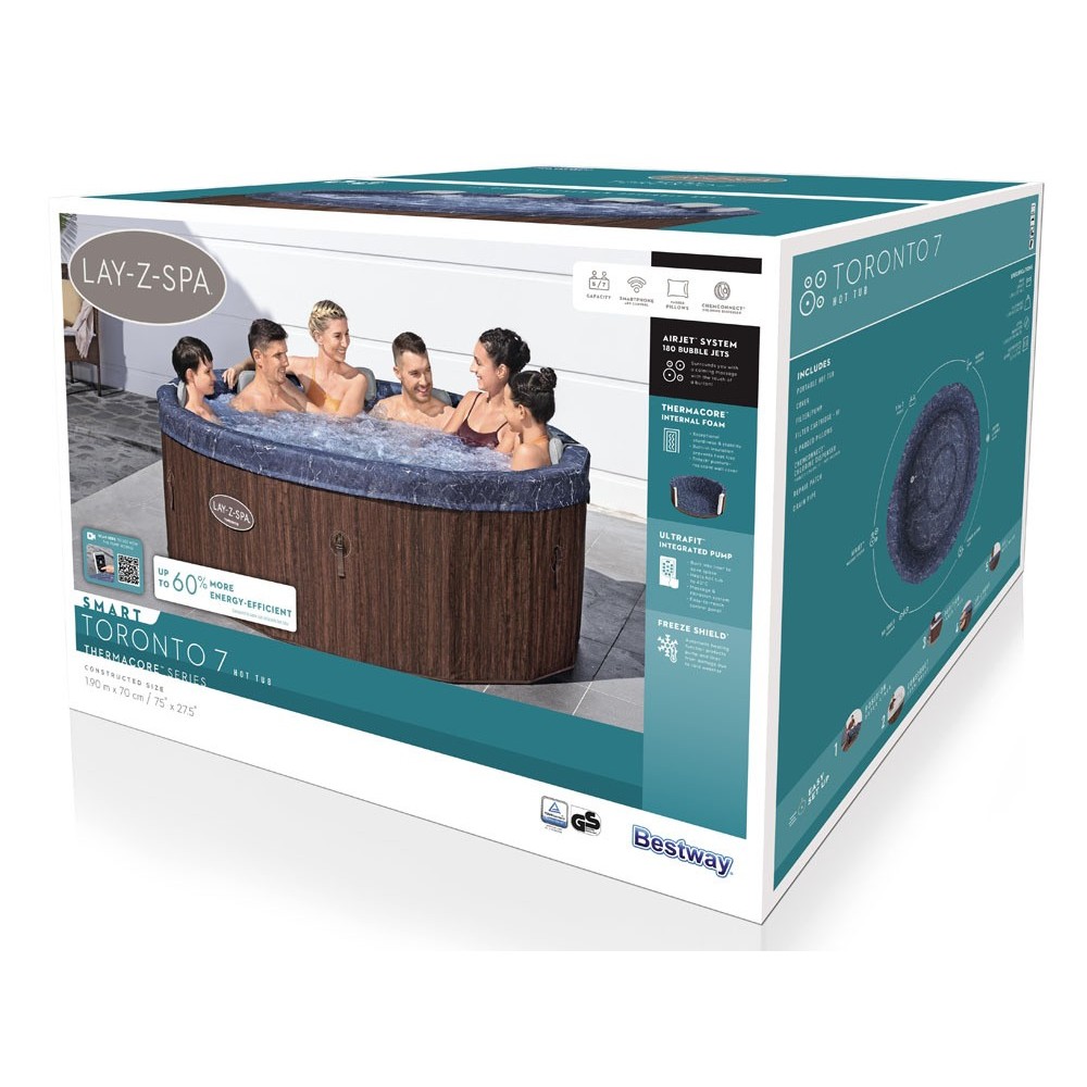 Bestway 6001W Vírívka Lay-Z-Spa Toronto Hydromassage AirJet Jacuzzi, pre 7 osôb, priemer 190cm + WIFI Aplikácia + 5 Vankúše