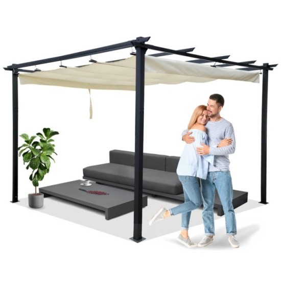 JOKO Záhradná Pergola Para Sole ESTIVO 3x3x2.4m, Záhradný Altánok s Vodeodolnou Posuvnou Roletovou strechou a UV ochranou, krémo