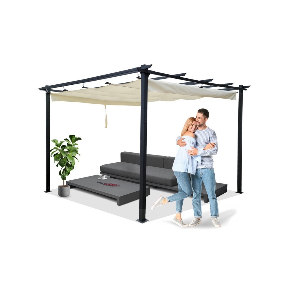 JOKO Záhradná Pergola Para Sole ESTIVO 3x3x2.4m, Záhradný Altánok s Vodeodolnou Posuvnou Roletovou strechou a UV ochranou, krémo