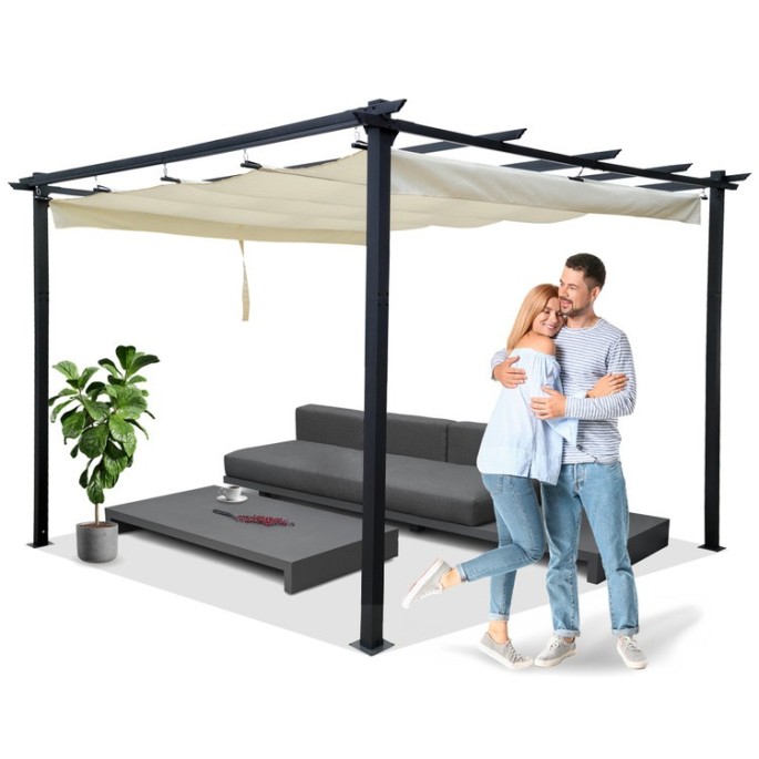 JOKO Záhradná Pergola Para Sole ESTIVO 3x3x2.4m, Záhradný Altánok s Vodeodolnou Posuvnou Roletovou strechou a UV ochranou, krémo