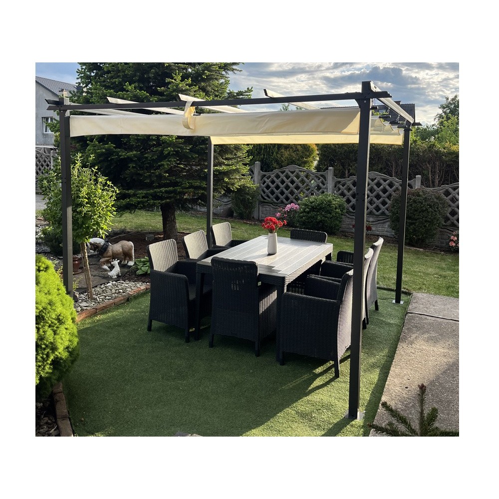 JOKO Záhradná Pergola Para Sole ESTIVO 3x3x2.4m, Záhradný Altánok s Vodeodolnou Posuvnou Roletovou strechou a UV ochranou, krémo